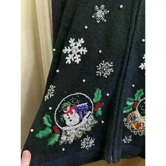Vintage BP Design Black Beaded Christmas Snow Globe Full Zip Sweater Faux Fur M - Picture 2 of 12